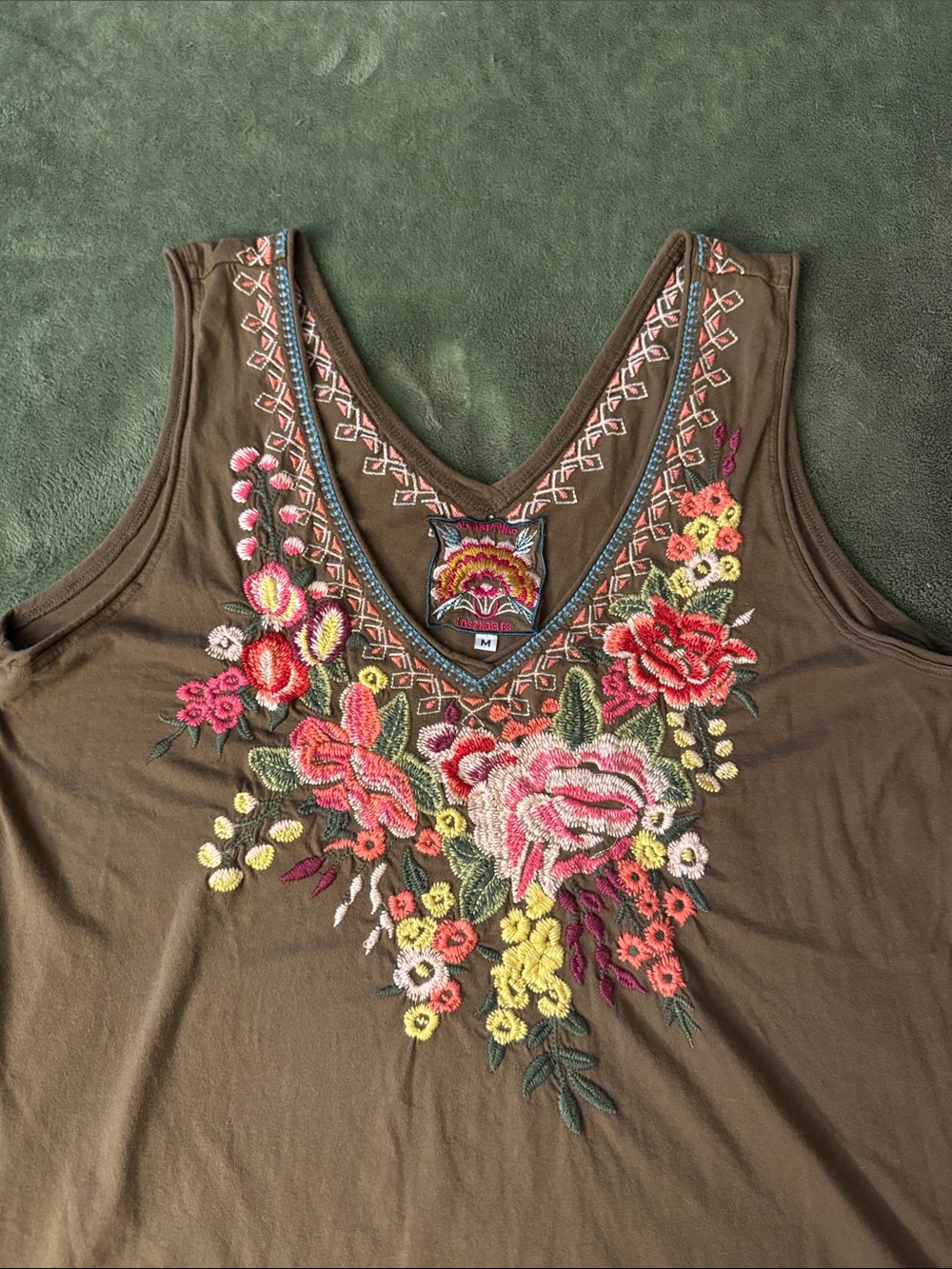 Johnny Was Brown Tank Top with Pink, Red & Yellow Floral Embroidery - Picture 2 of 5
